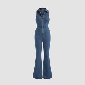 Denim collar flare leg jumpsuit